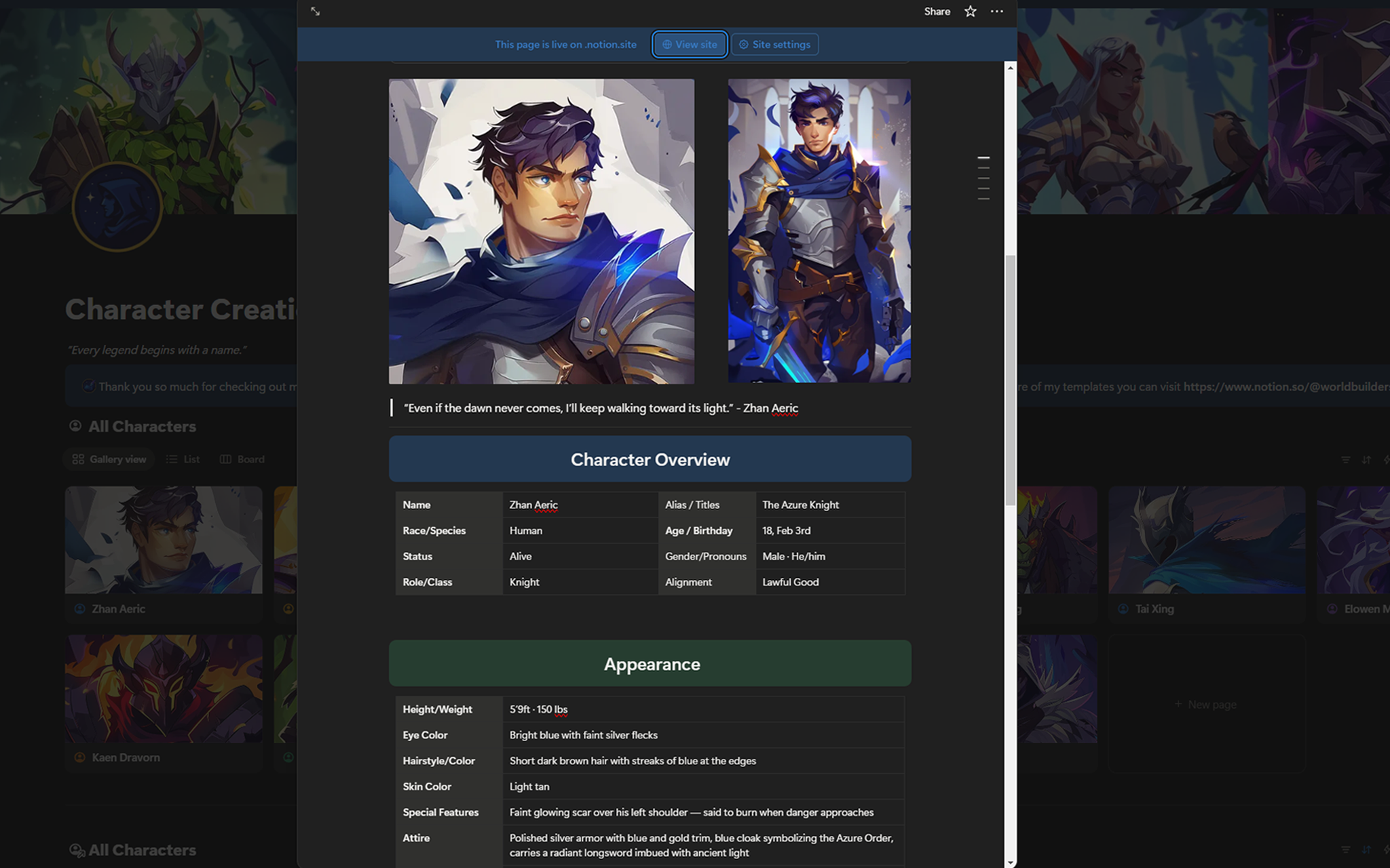 Character Creation Preset (Notion Template)